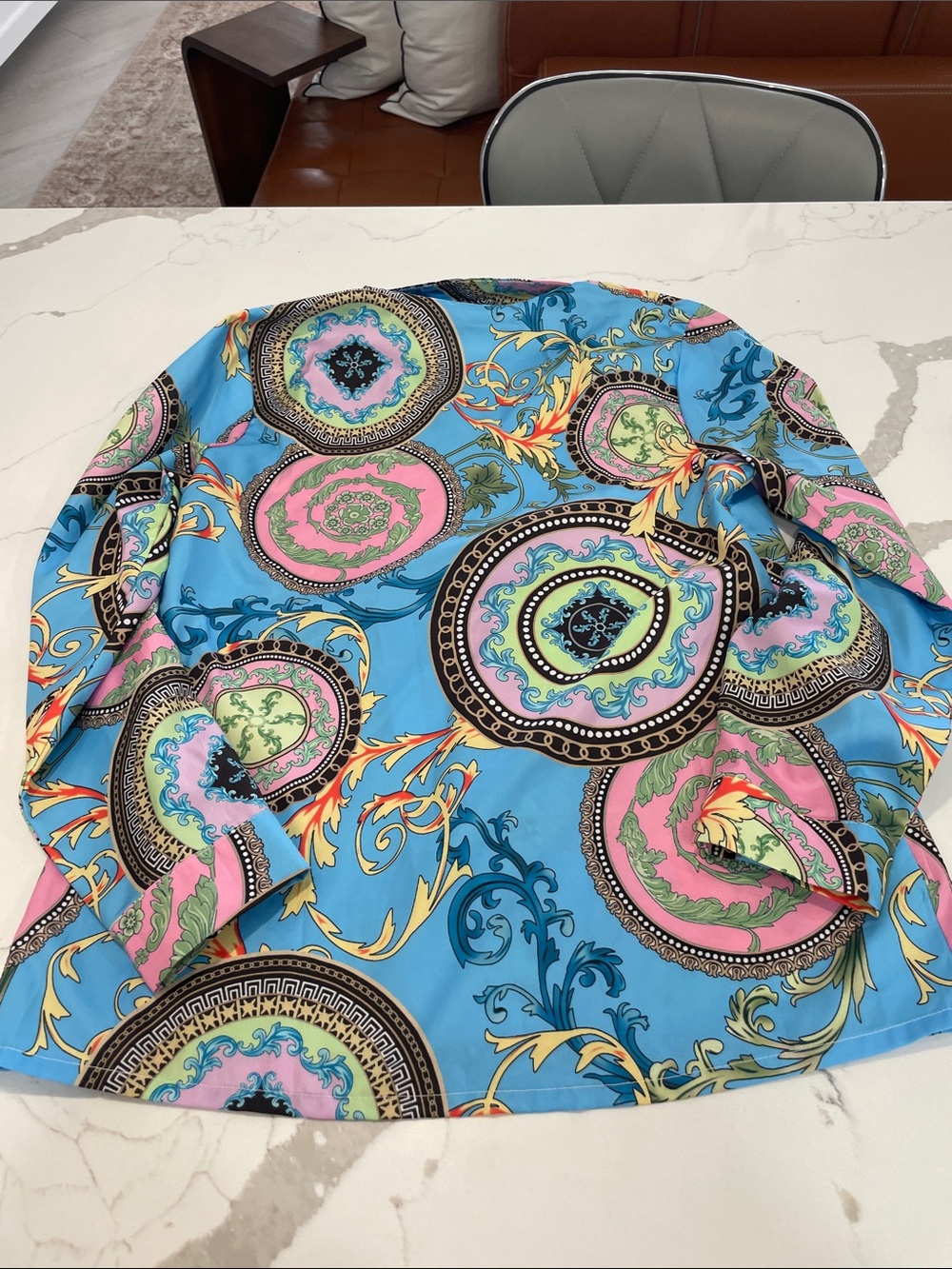 Ladies Blue Printed Long-Sleeve Shirt - Picture 6 of 8